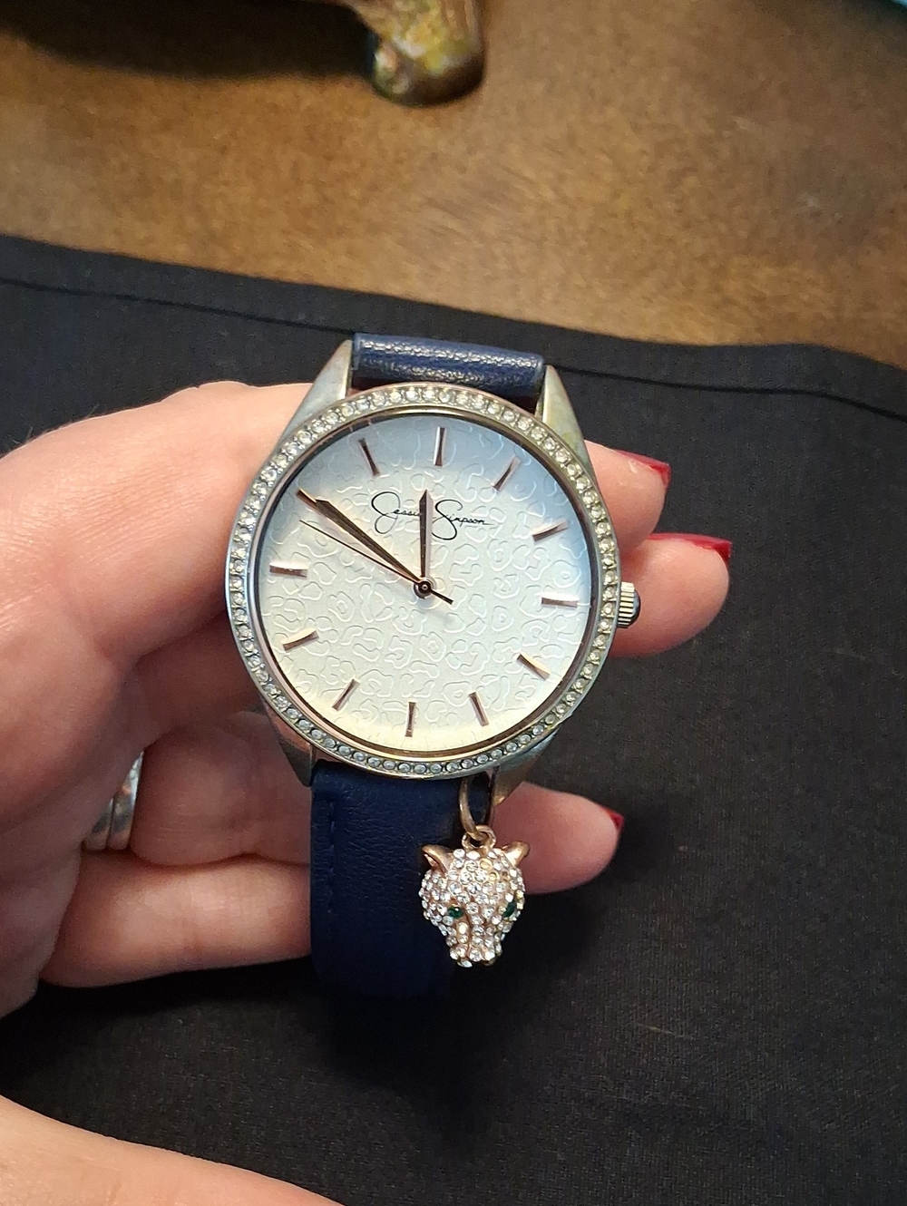 Jessica Simpson Navy and Rose Gold Accent Leather Watch with Crystal Charm
